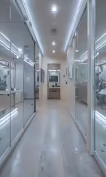 a long hallway between a couple of glass doors