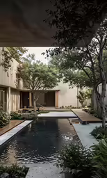 an empty pool in front of a building with trees