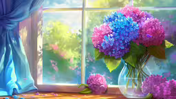 flowers in a vase are sitting on a windowsill,some pretty pink and blue flowers in a vase
