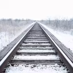 a train track with snow on it and trees