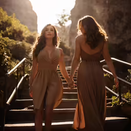 two beautiful women in brown dresses walk down stairs