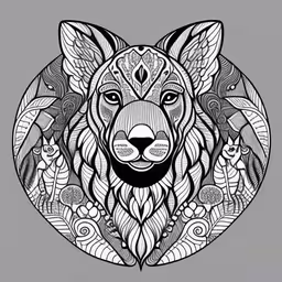 an animal with a design made out of animals,a fox in a decorative circular frame with birds on it,a black and white image with a wolf in the middle,an animal made out of many lines with its head in the center,a large animal with a design on its face