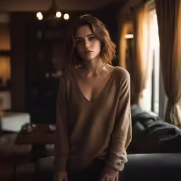 a woman in brown sweater standing by a window