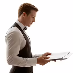 a man in a suit and bow tie holding an ipad