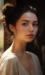a woman with a brown face is looking off into the distance