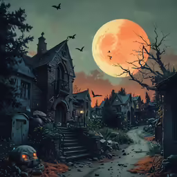 the full moon shines brightly on an old city street