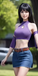 a woman in purple clothes walking on the sidewalk