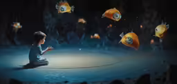 a young child is sitting on the ground watching some fish float around
