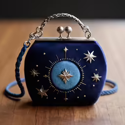 a small blue purse that has gold stars