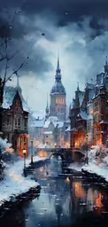 a photo of a snowy scene with an old - fashioned town in the foreground,a painting of a town in the snow by the water