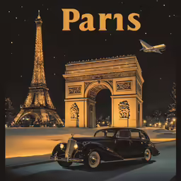 an old black car near the eiffel tower and airplane