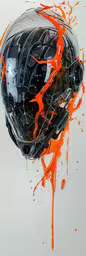 an artistic painting featuring a motorcycle helmet with orange paint,an orange and black helmet is covered in orange paint