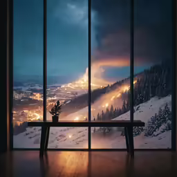 an open window showing the city lights and snow on a mountain