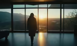 a person is looking out the window at the sunset