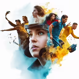 a picture of actors in different poses and poses with clouds around them
