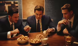 three men sitting at a table eating, one is dipping sauce on the food