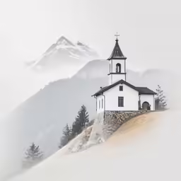 a church on top of a snowy hill with trees