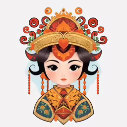 an oriental woman wearing an orange head dress and a large golden hat