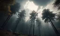 there are many trees growing in the foggy forest