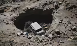 a white van is parked in the hole on a hillside