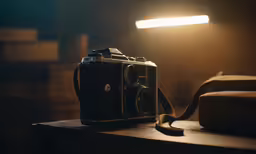 a camera in the dark on a wooden table