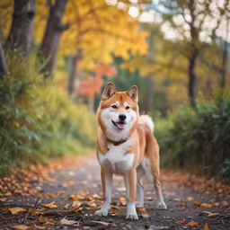 an adorable dog stands in the middle of a leaf filled road