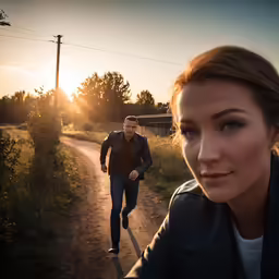 the man is running on the road behind a woman
