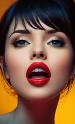 a girl with dark hair and bright red lipstick
