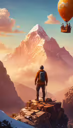 the man standing on a cliff looks out into the mountains,the man is looking at the mountain and flying his hot air balloon