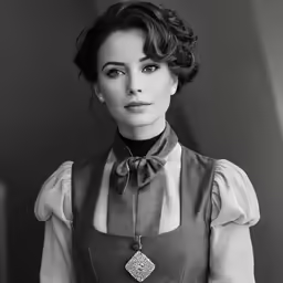 a black and white photo of a woman wearing an apron