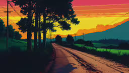 an orange sunset above a road with trees on either side,a very bright sky over a street next to some trees