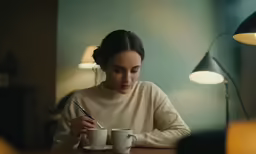 a girl is writing in her cup of coffee