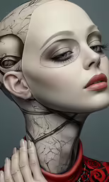 a woman with tattoos is wearing a red dress
