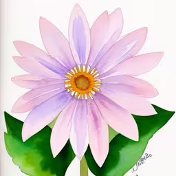 a painting of a pink flower with green leaves,a flower painted on the front of a white sheet