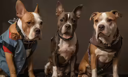 three dogs posing with clothing on, two sitting up and one standing