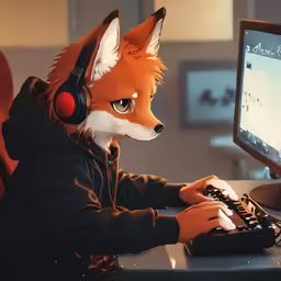 the fox is wearing headphones while typing on the computer