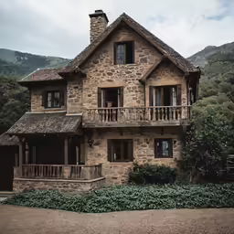 a house with a stone chimney next to trees and shrubbery