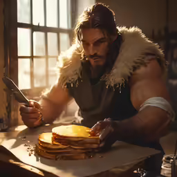 a man in a furry collar prepares pancakes in the kitchen
