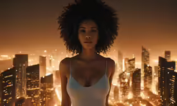 a beautiful young woman with a afro in a city setting