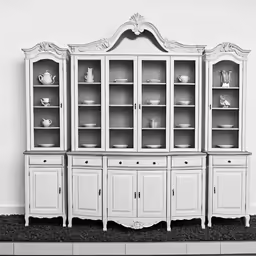 a dining room scene with a china cabinet and hutch