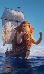 a lion riding a boat while holding onto the handle