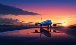 an airplane that is on a runway at night