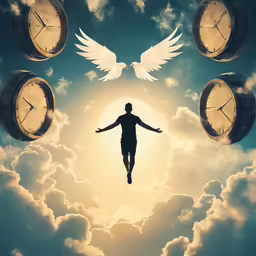 a person jumping over some clocks with angel wings