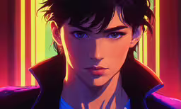 the character is looking into the camera with eyes wide open,the face of an anime character with dark hair and blue eyes