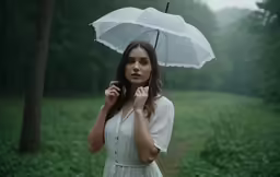 the girl is posing under the umbrella in the rain