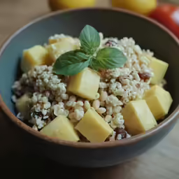 a bowl with quinole and a green sprig of plant