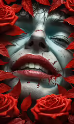 a woman is sitting among some red leaves