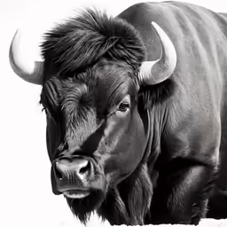 a buffalo with long horns standing in snow
