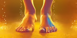 a barefoot female with her legs spread out