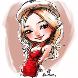 a drawing of a blonde girl in a dress,the cartoon character, a female, wearing red dress and hat